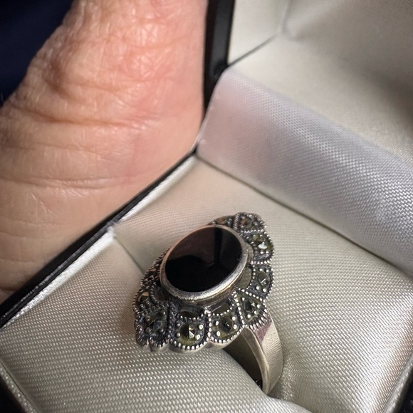 Ring Vintage Black Onyx Marcasite 925 Sterling Silver Decorative Setting - Picture 5 of 6